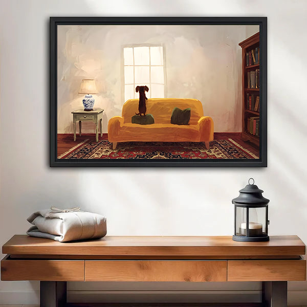 Oil painting brown dachshund on mustard yellow sofa facing window porcelain lamp bookshelf Persian rug black framed canvas wall art on white wall above wood console table with iron lantern