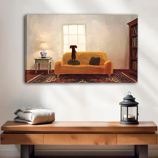 Oil painting brown dachshund standing on yellow velvet sofa gazing out window Persian rug bookshelf gallery wrap canvas wall art on white wall above warm wood console table with iron lantern