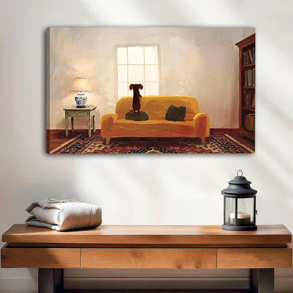 Oil painting brown dachshund standing on yellow velvet sofa gazing out window Persian rug bookshelf gallery wrap canvas wall art on white wall above warm wood console table with iron lantern