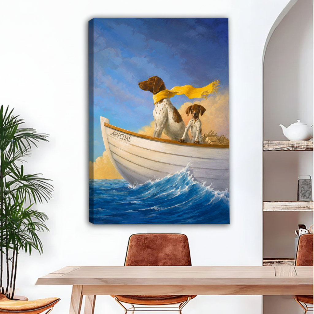 Oil painting dogs sailing boat canvas art print with visible wrap edges hung in bright dining room