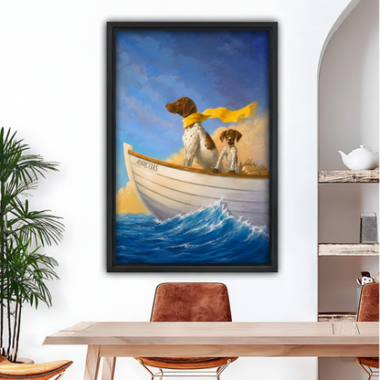 Oil painting dogs on sailing boat framed canvas wall art displayed above wooden dining table in modern dining room