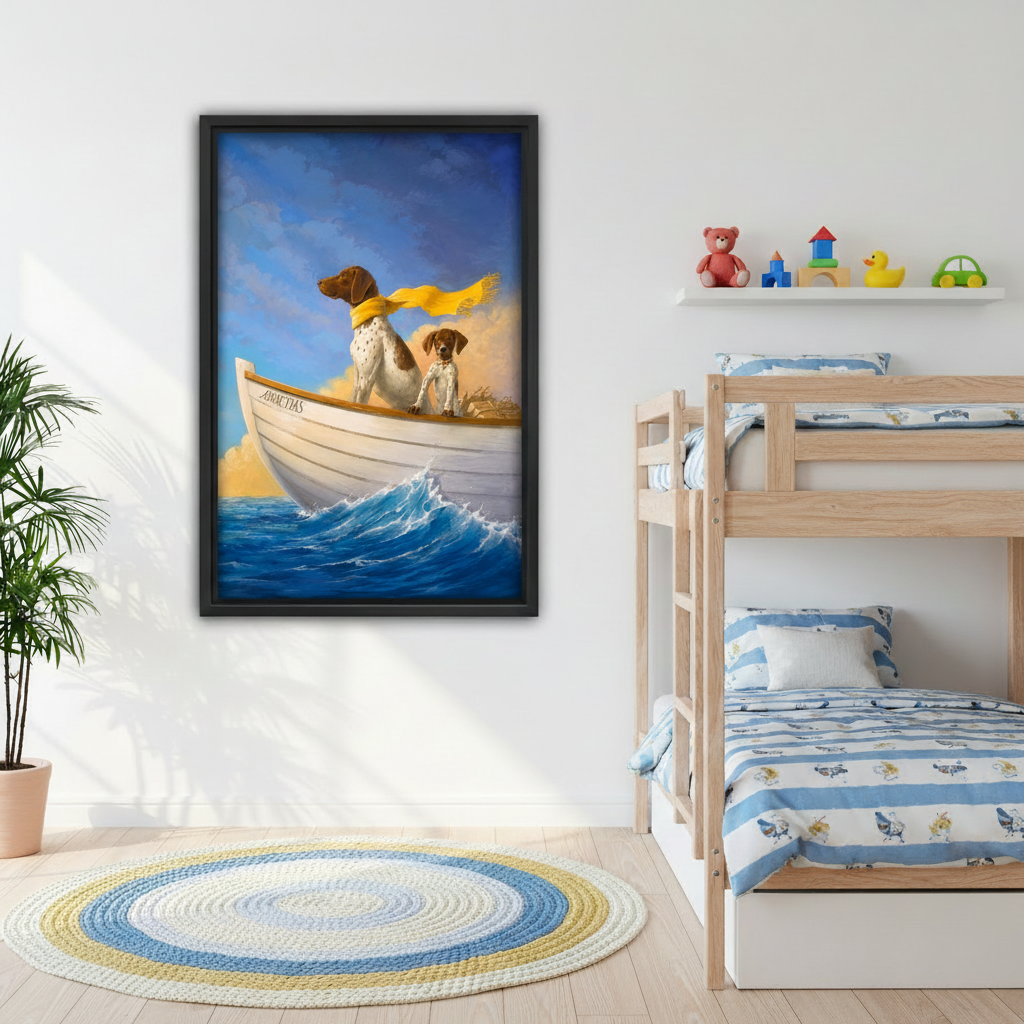 Oil painting dogs sailing boat framed canvas wall art beside bunk bed in bright nautical kids bedroom