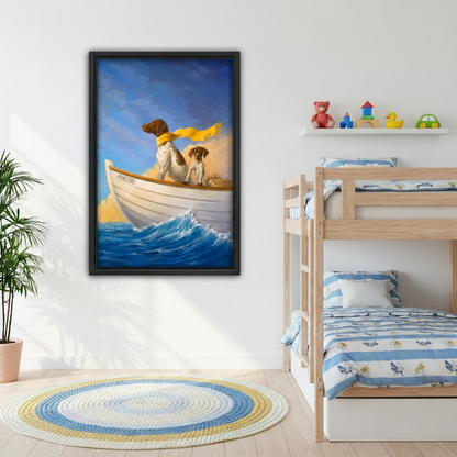 Oil painting dogs sailing boat framed canvas wall art beside bunk bed in bright nautical kids bedroom