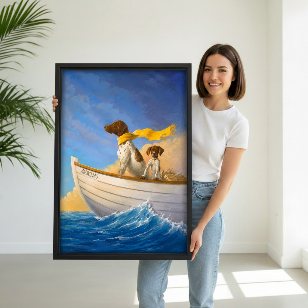 Smiling woman holding oil painting dogs sailing boat framed canvas art showing size reference