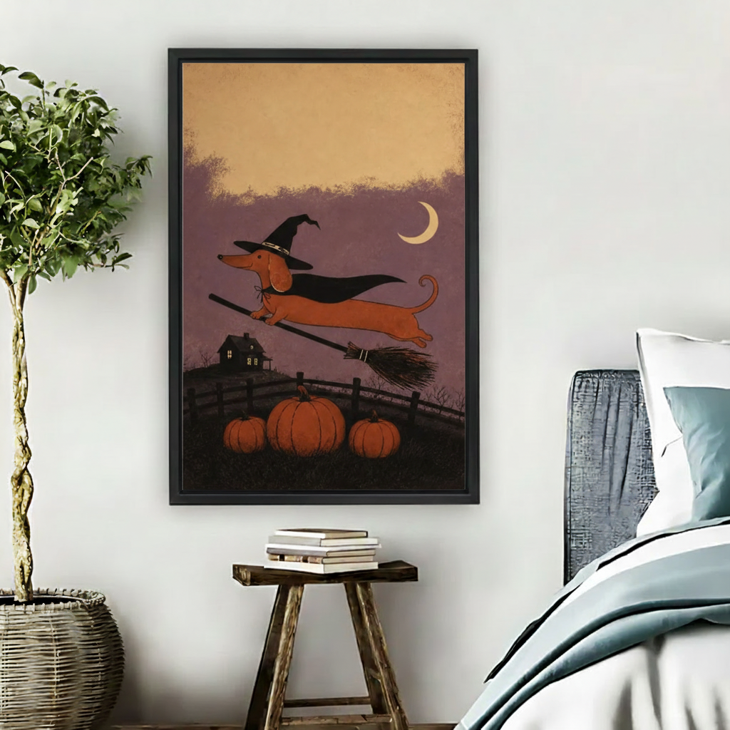 Halloween dachshund in witch hat riding broomstick over three orange pumpkins and haunted house framed canvas above rustic wood stool beside teal bed