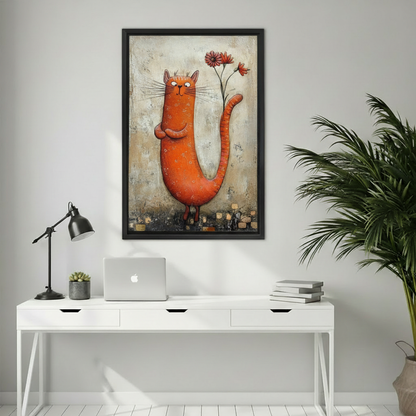 Framed whimsical orange cat canvas wall art adding playful character to a bright home office.