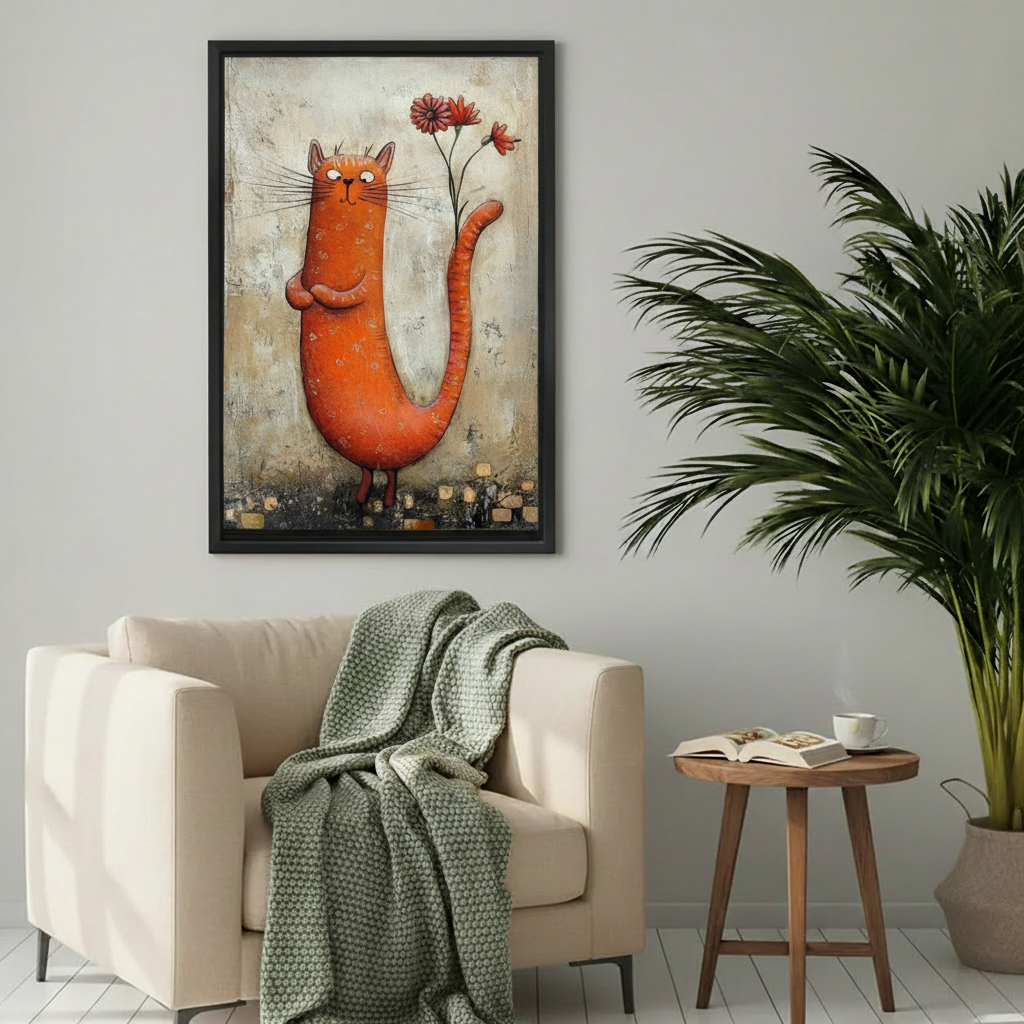 Framed whimsical orange cat canvas wall art displayed above a cozy cream reading chair.