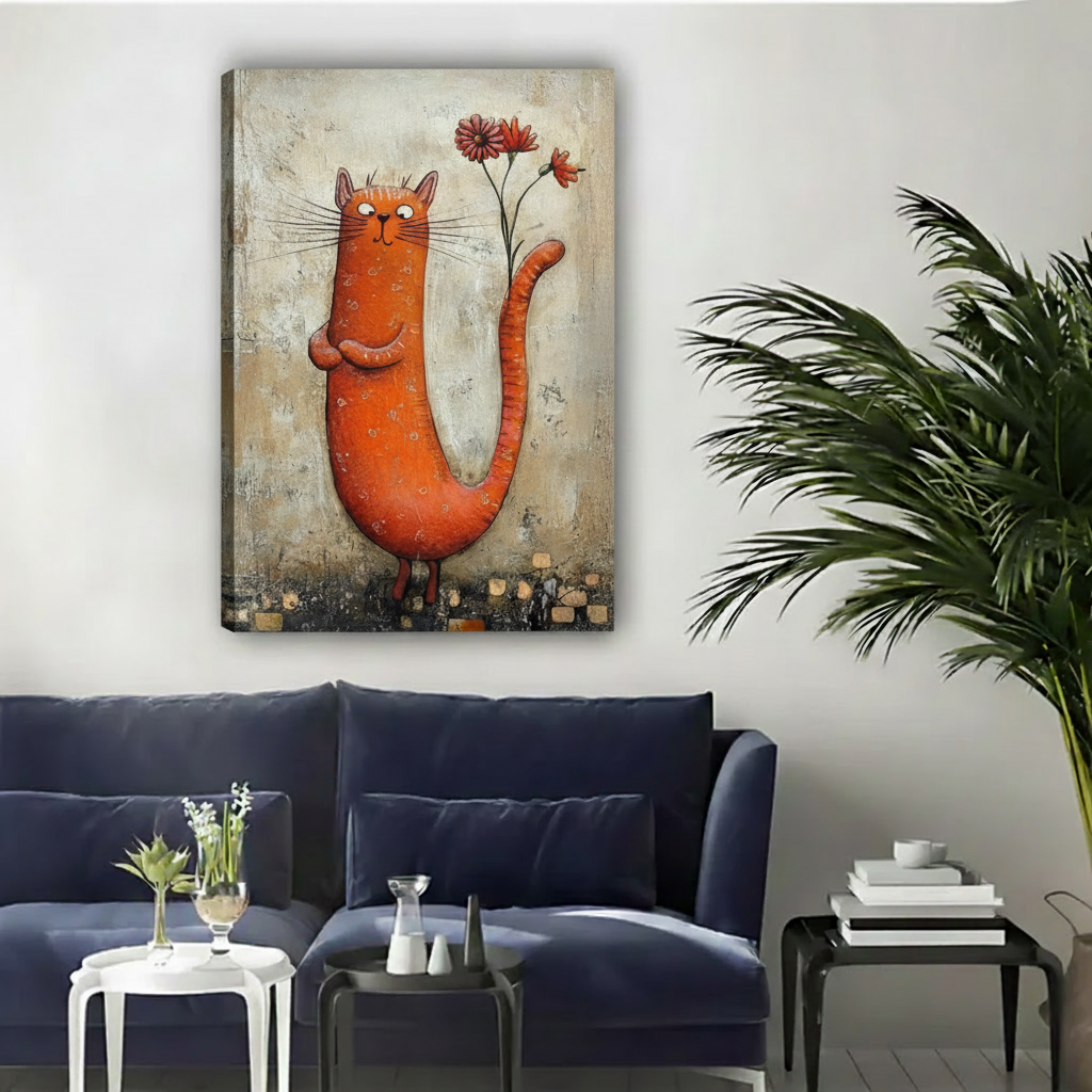 Gallery-wrap whimsical orange cat canvas wall art featuring a long striped tail and red flowers.