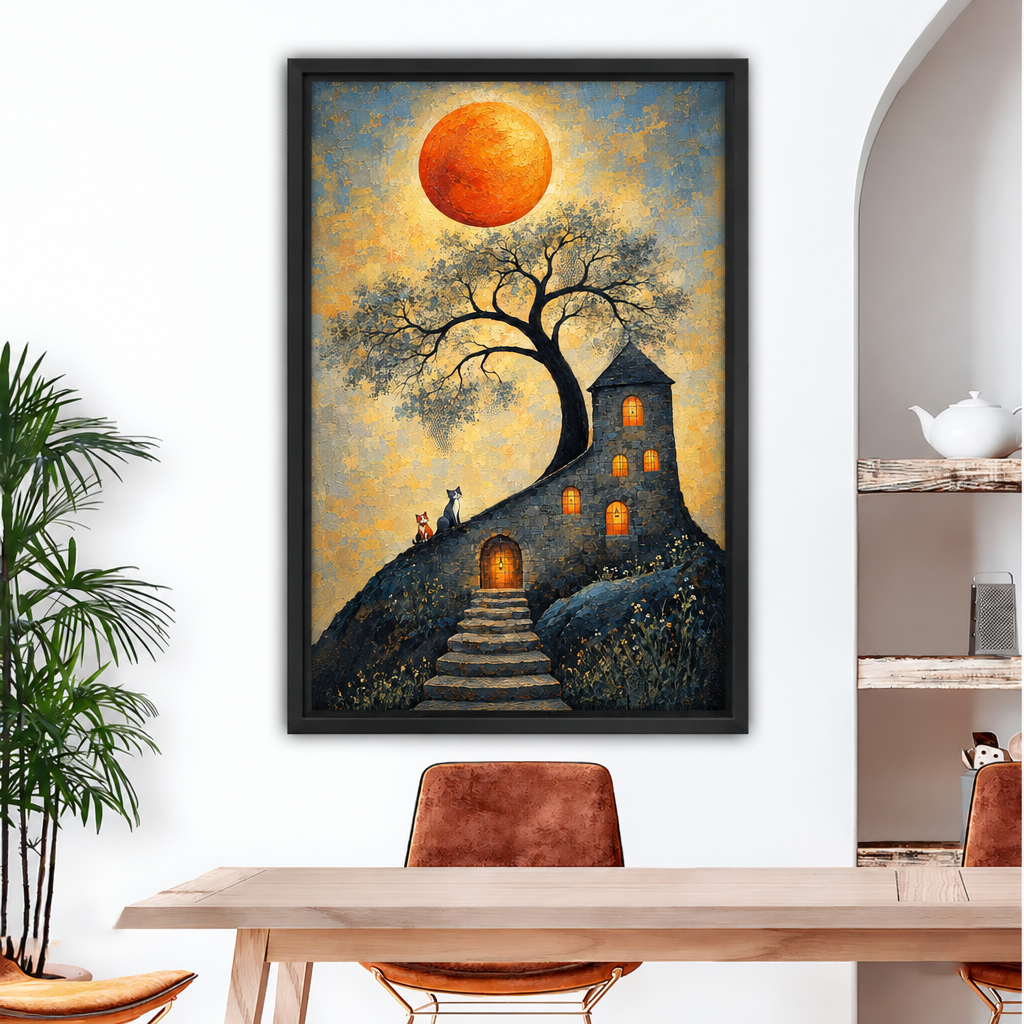 Framed orange moon cottage canvas wall art above a dining table, with a twisting tree and glowing windows.