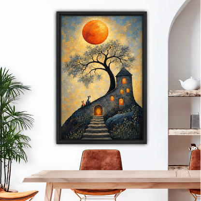 Framed orange moon cottage canvas wall art above a dining table, with a twisting tree and glowing windows.