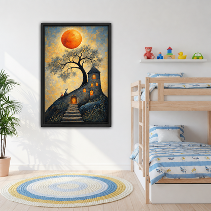 Framed orange moon cottage canvas wall art displayed beside a wooden bunk bed in a child's room.