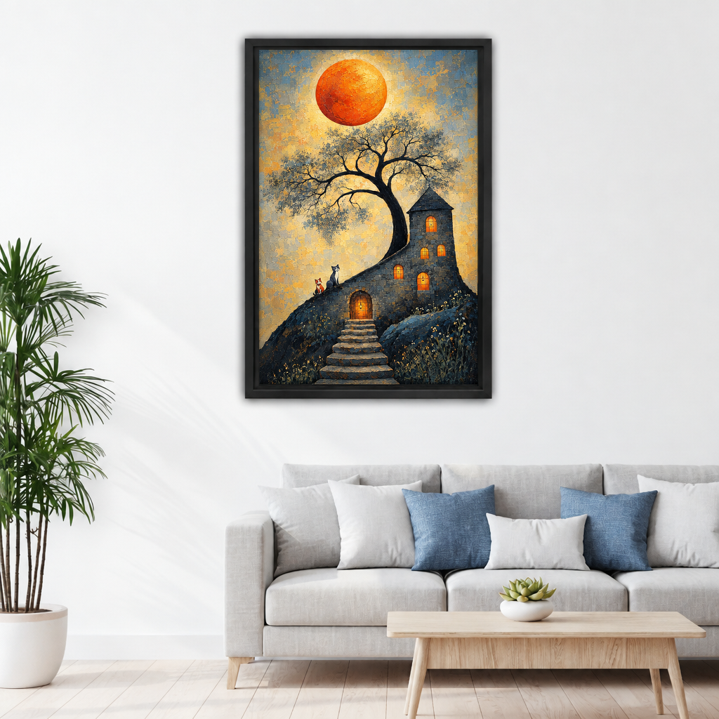 Framed orange moon cottage canvas wall art hanging above a light sofa in a living room.