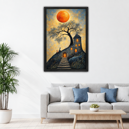 Framed orange moon cottage canvas wall art hanging above a light sofa in a living room.