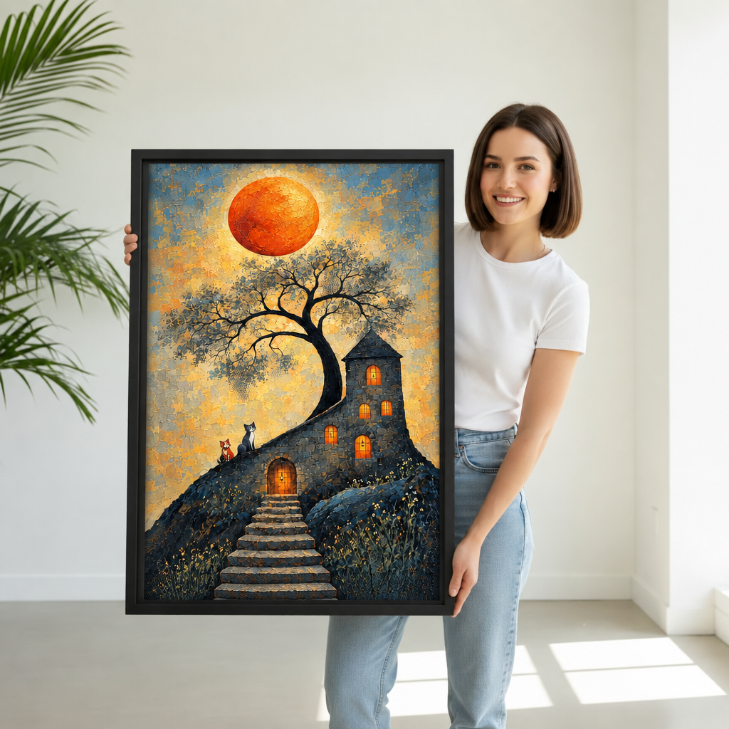 Woman holding framed orange moon cottage canvas wall art showing stone steps beneath a glowing moon.