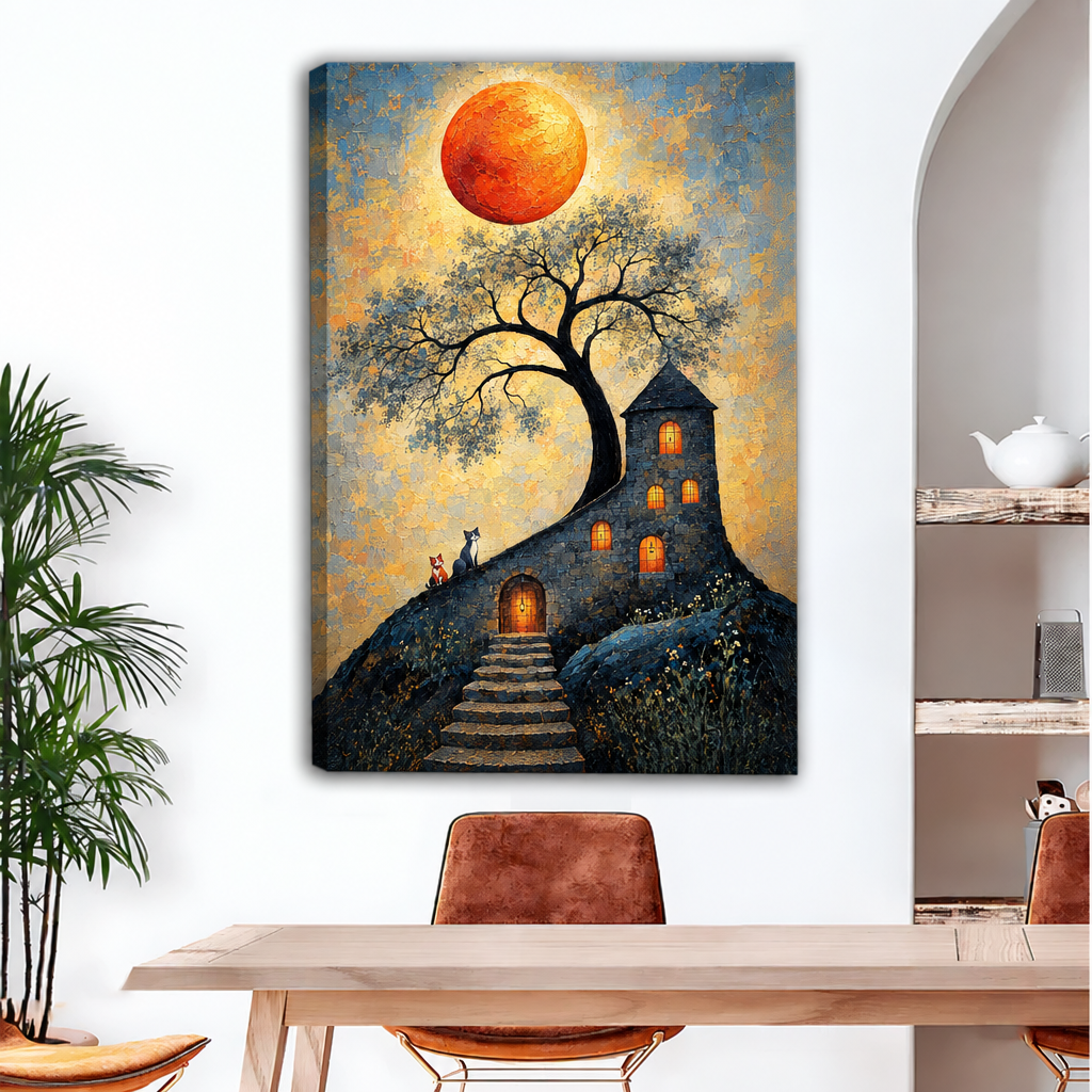  Gallery-wrap orange moon cottage canvas wall art above a dining table, with its wrapped edge visible.