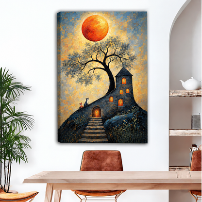  Gallery-wrap orange moon cottage canvas wall art above a dining table, with its wrapped edge visible.