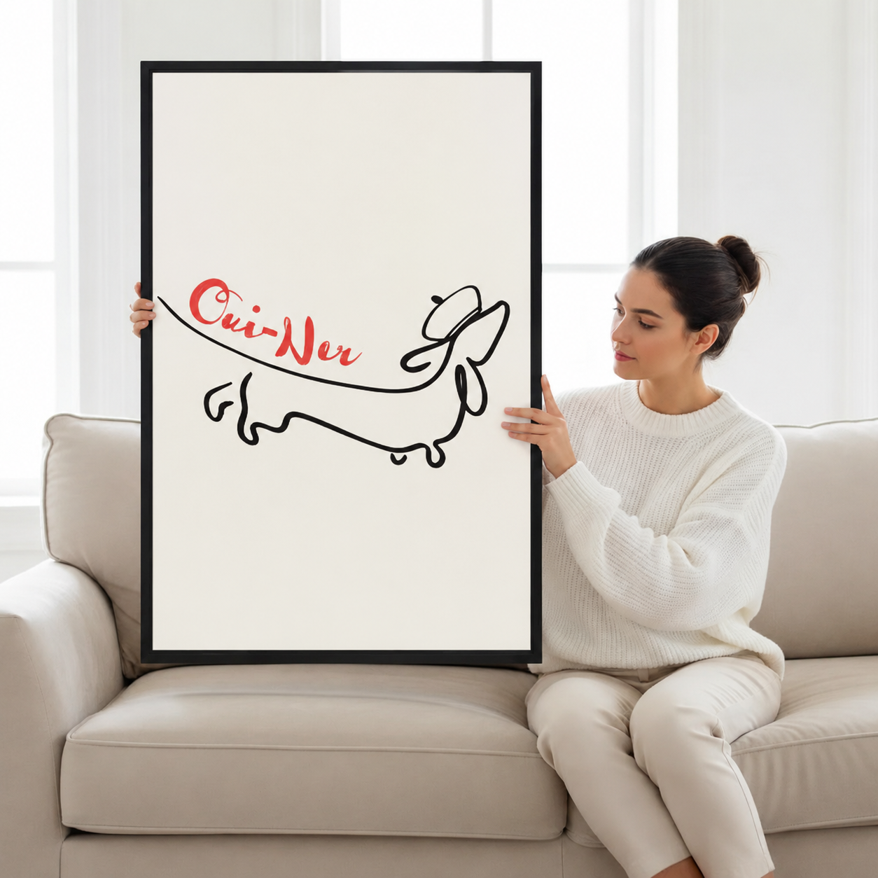  Woman holding large oui-ner dachshund line art framed canvas print, minimalist funny dachshund wall art size reference