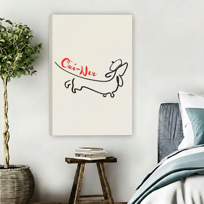 Frameless canvas wrap of oui-ner dachshund single line drawing, witty French dachshund wall art for bedroom