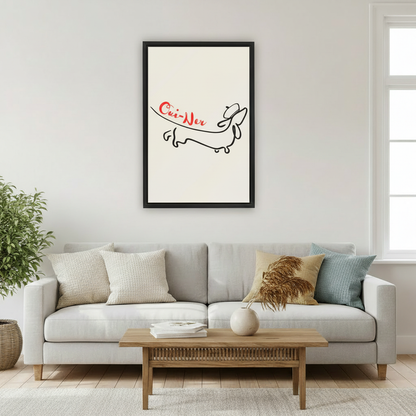  Oui-ner dachshund minimalist line art framed print above gray sofa, chic French humor dog wall art for living room