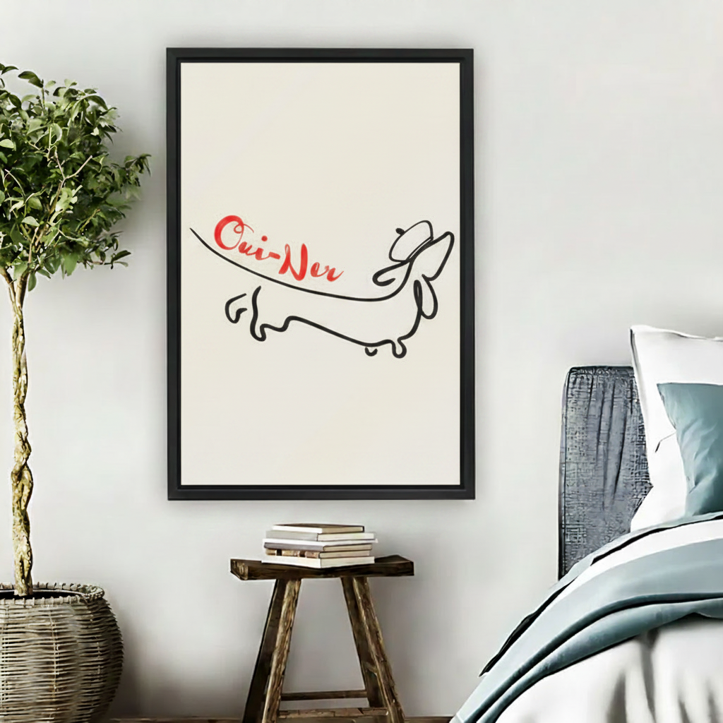   Minimalist oui-ner dachshund line art framed wall art beside bed, French humor dog print for bedroom decor