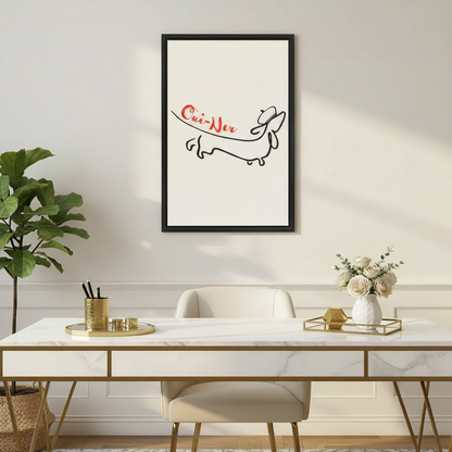 Witty oui-ner dachshund single line framed wall art above marble desk, elegant French dog print for home office decor

