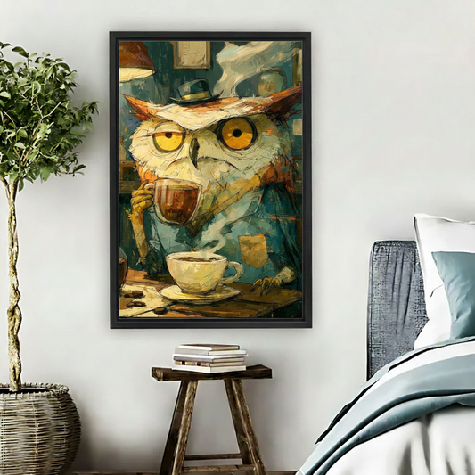 Large black framed expressionist-style wall art of a grumpy owl drinking coffee in a cozy café, hung on a bedroom wall beside a fiddle-leaf tree and teal bedding