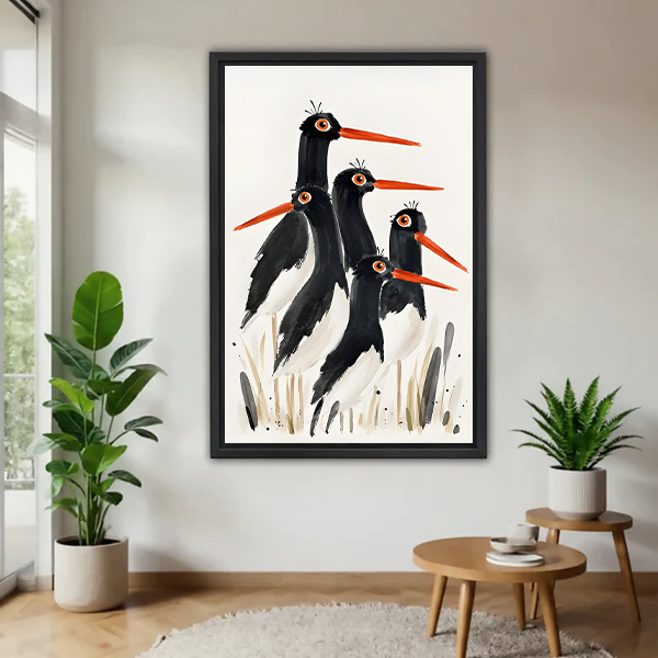 Framed oystercatcher bird watercolor art print displayed in a modern living room with black frame