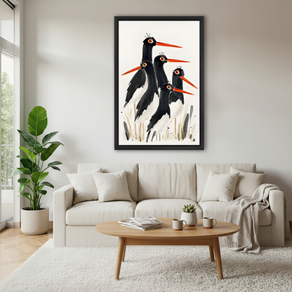 Black framed oystercatcher bird art print hung above a cream sofa in a cozy living room