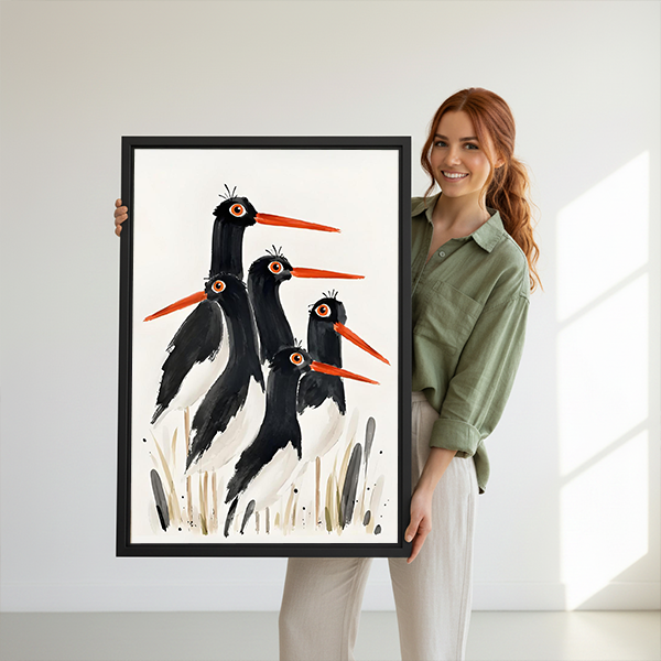 Unframed oystercatcher bird watercolor canvas wall art hanging in a bright minimalist living room