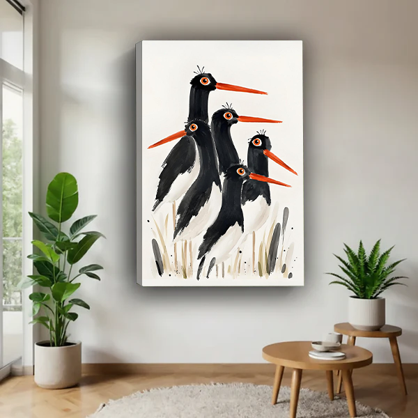 Unframed oystercatcher bird watercolor canvas wall art hanging in a bright minimalist living room