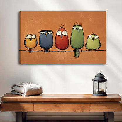 Colorful Cartoon Birds Canvas Art Print - Funny Bird Wall Decor for Entryway