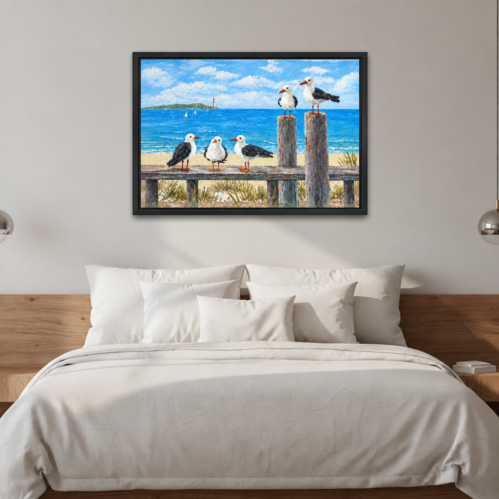 Painterly coastal seagull canvas wall art in a black frame above a bed with white bedding.