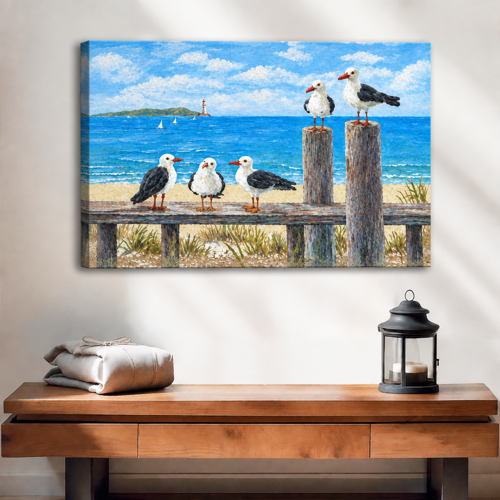  Painterly coastal seagull canvas wall art displayed without an outer frame above a wooden console beside a lantern.