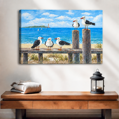  Painterly coastal seagull canvas wall art displayed without an outer frame above a wooden console beside a lantern.