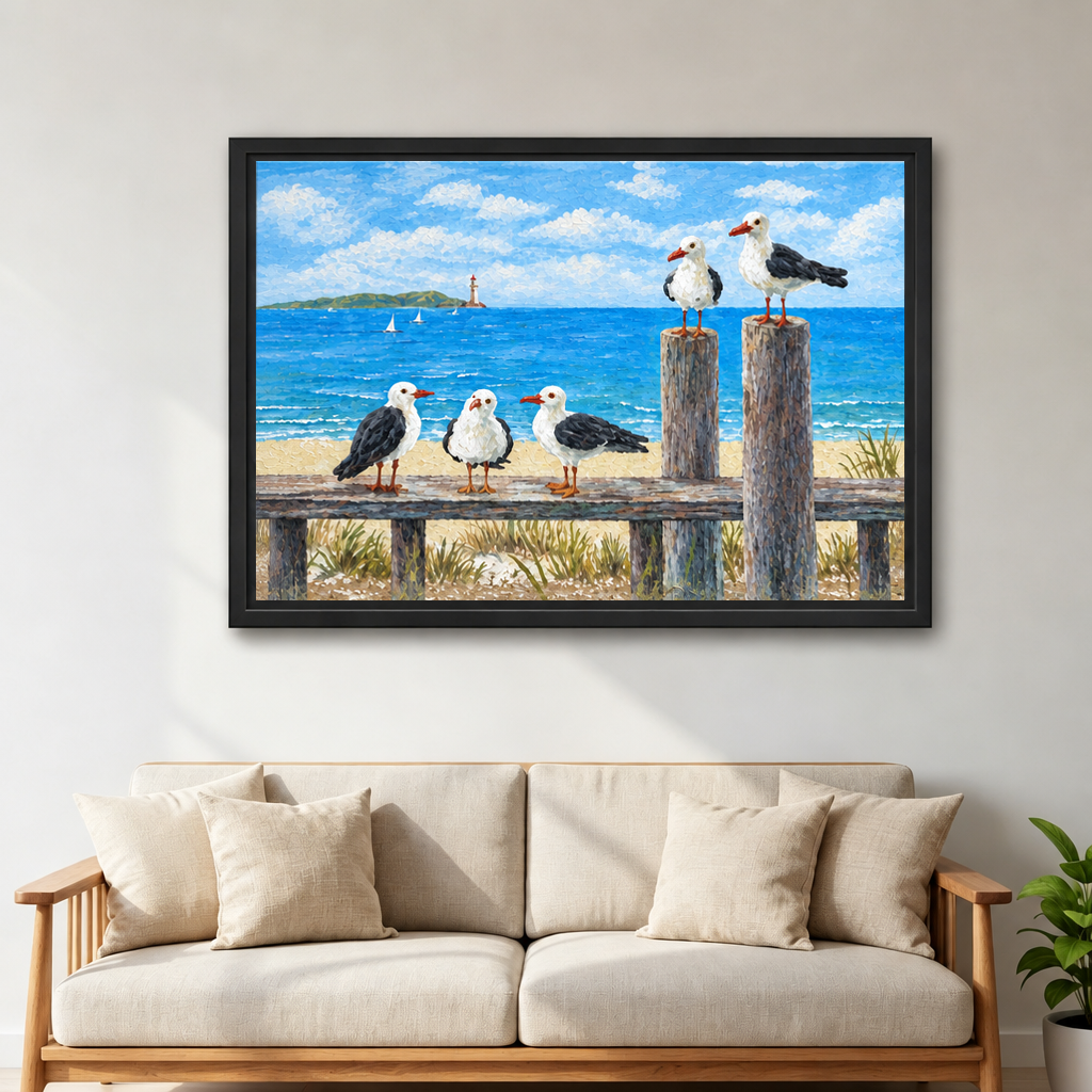 Painterly coastal seagull canvas wall art in a black frame above a cream sofa beside a green plant.