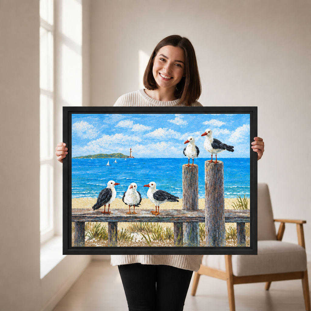 Woman holding black-framed painterly coastal seagull canvas wall art featuring five birds and a bright blue ocean.