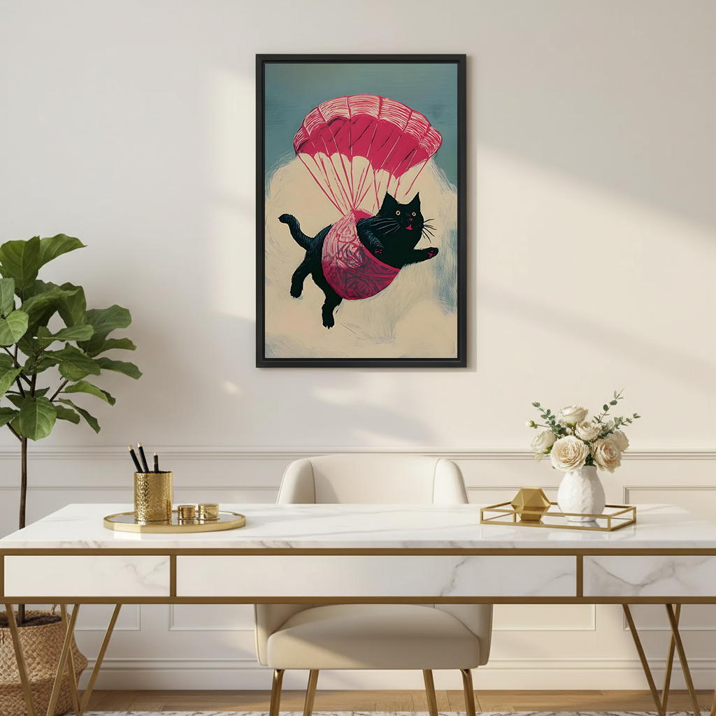 Unframed parachuting black cat canvas wall art with a pink canopy and cream background, displayed beside a bed.