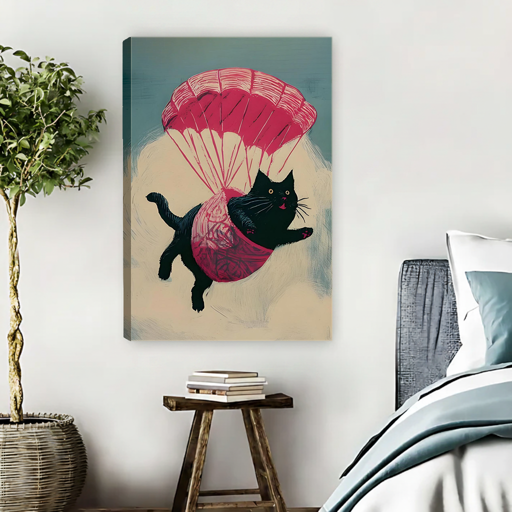 Woman seated on a sofa holding framed parachuting black cat canvas wall art with a bright pink parachute.