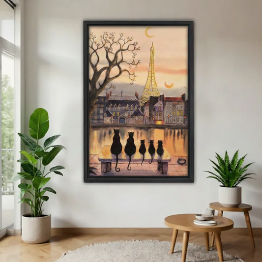 Black cat silhouette Paris Eiffel Tower framed poster on white wall with plants