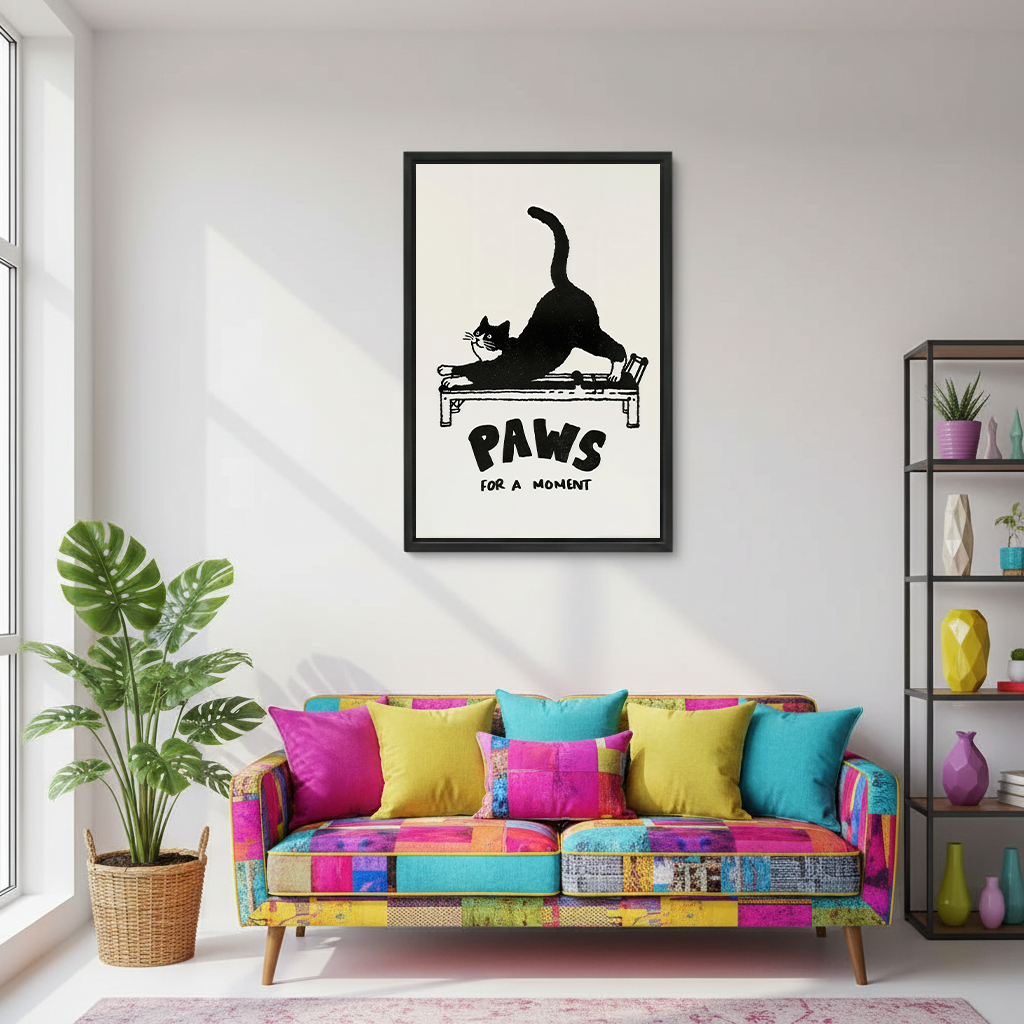 Black-framed Paws for a Moment cat canvas wall art with bold lettering displayed above a colorful patchwork sofa.