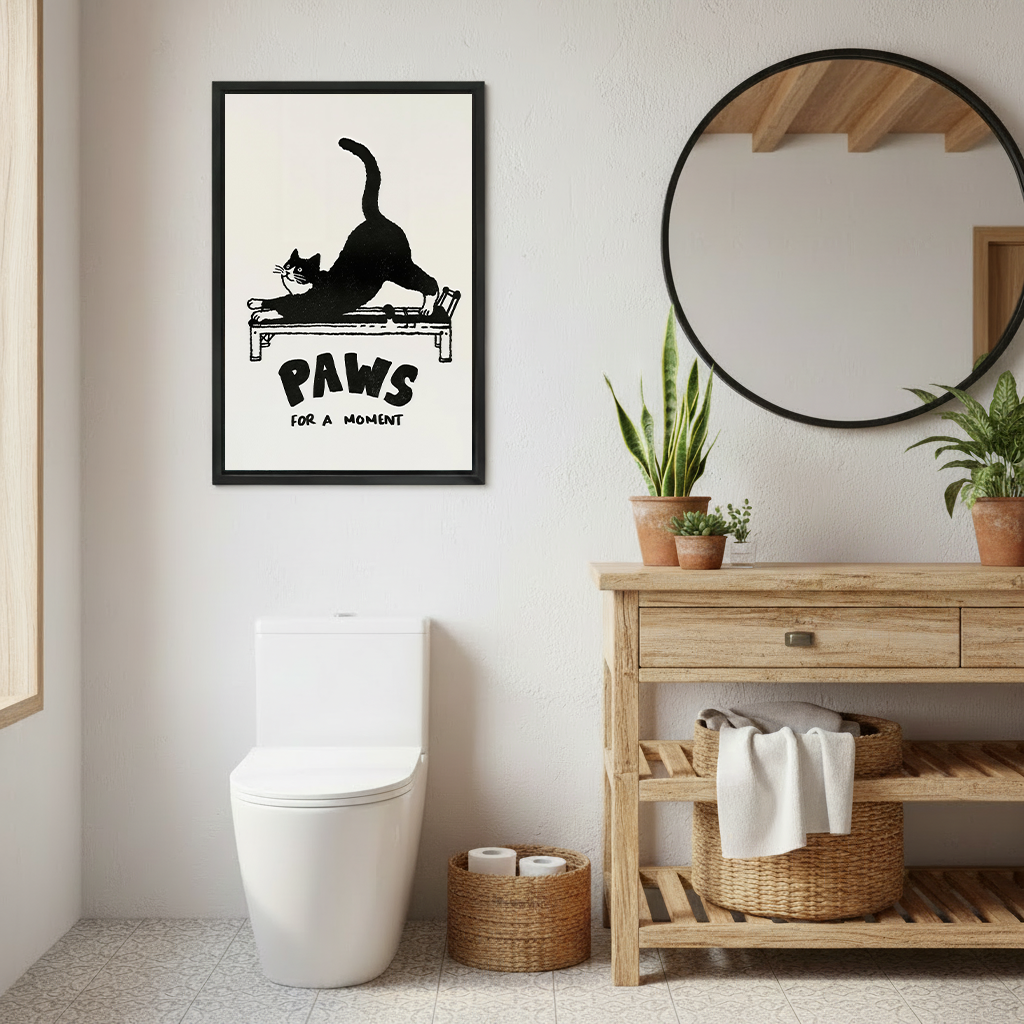 Two women smiling beside framed Paws for a Moment cat canvas wall art featuring a black cat on a reformer.