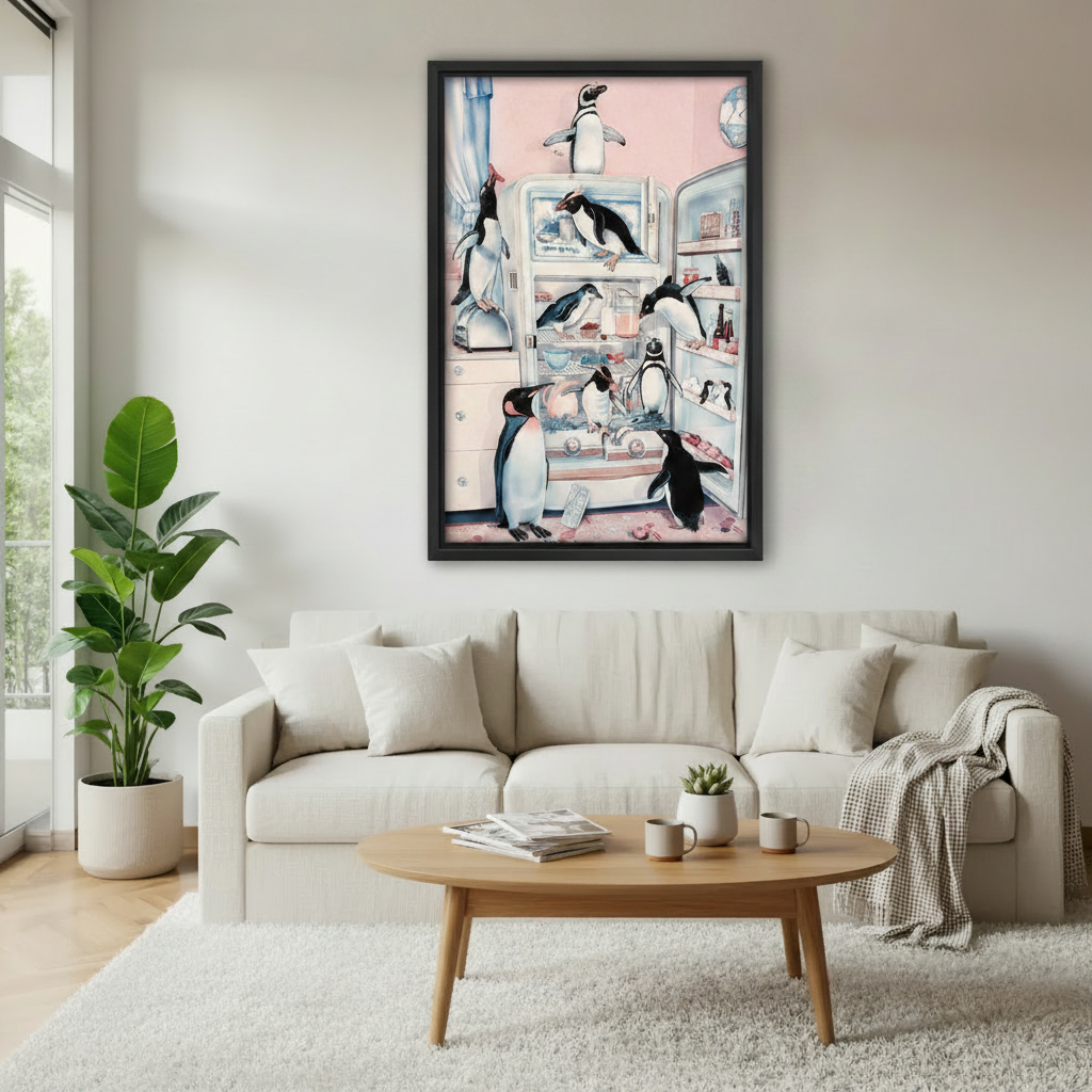Funny framed canvas wall art of a chaotic group of penguins raiding an open vintage refrigerator in a pink retro kitchen, displayed above a cream sofa in a bright living room