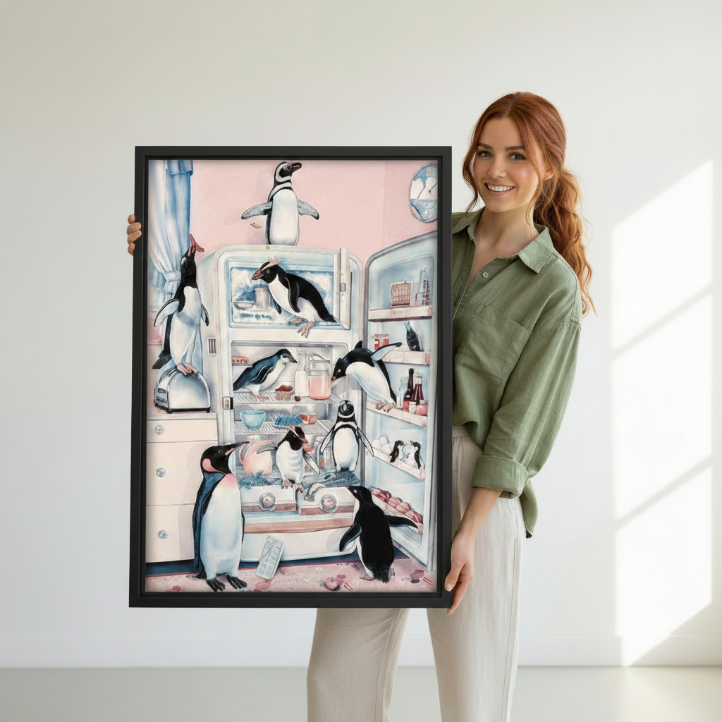 Woman holding a large black-framed funny penguin wall art print featuring a chaotic scene of multiple penguins climbing into and raiding a retro pink kitchen refrigerator
