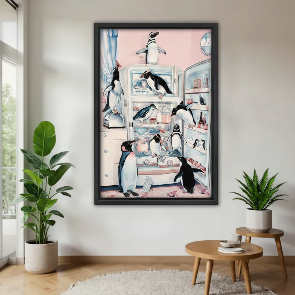 Black framed humorous penguin fridge art with pink retro kitchen background, displayed between tropical potted plants in a modern Scandinavian hallway