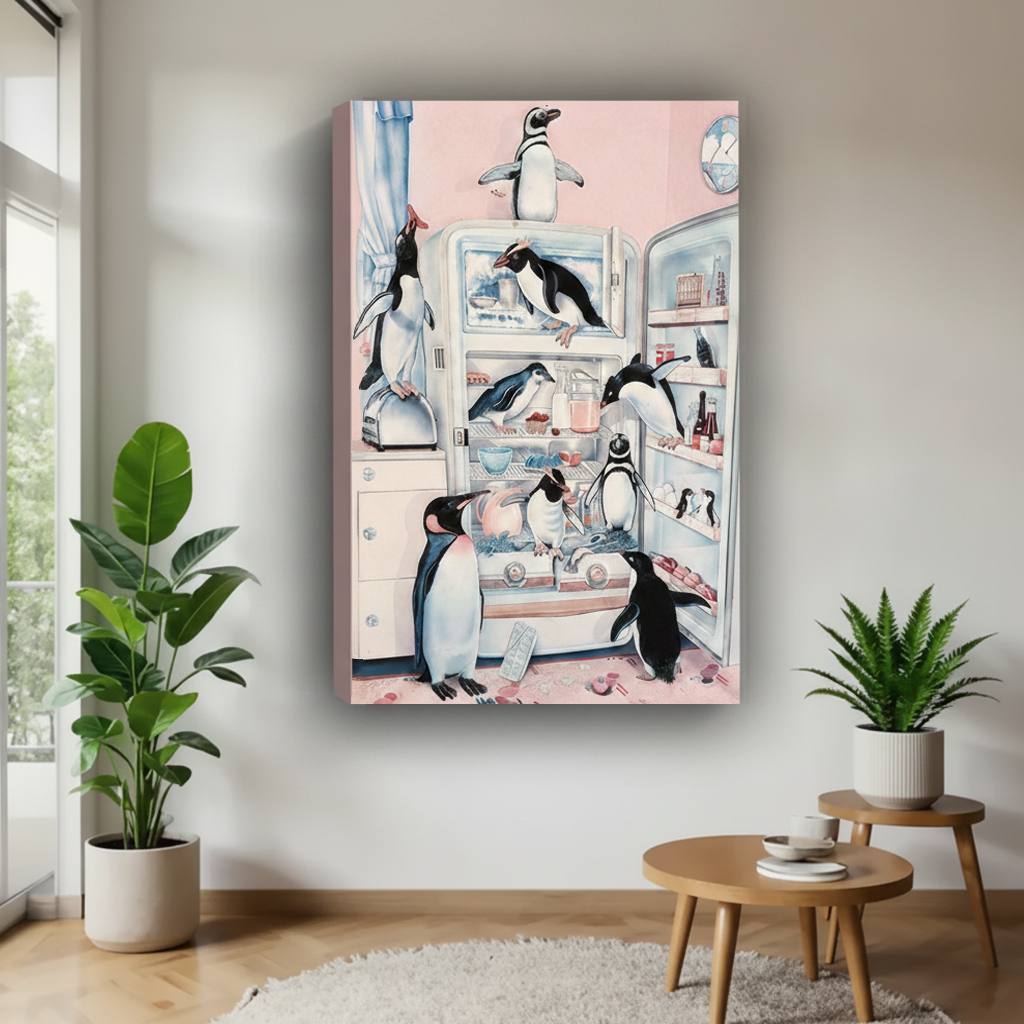 Frameless gallery-wrap canvas of playful penguins raiding a vintage open refrigerator in a pink kitchen, hung between green plants in a bright Scandinavian living room