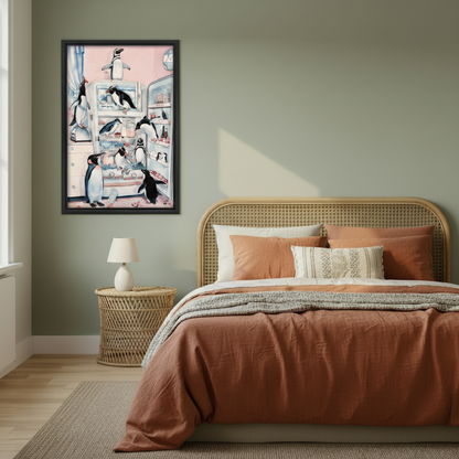 Black framed whimsical penguin refrigerator art print hung on a sage green bedroom wall beside a rattan bed with terracotta bedding, featuring penguins climbing and exploring a retro fridge