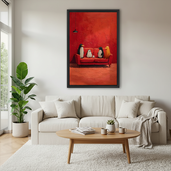Unframed penguins on red sofa canvas wall art featuring four birds and a hanging lamp in warm red tones.