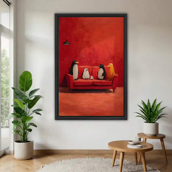 Woman holding black-framed penguins on red sofa canvas wall art with four birds against a richly colored red background.