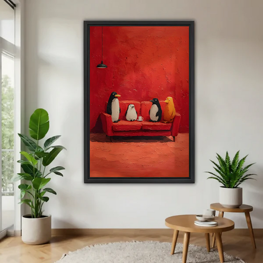 Woman holding black-framed penguins on red sofa canvas wall art with four birds against a richly colored red background.
