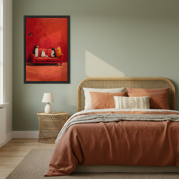 Black-framed penguins on red sofa canvas wall art above a cream sofa with a wooden coffee table.